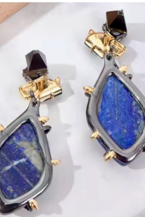 Elegant Alexis Bittar Genuine Stones Blue and Gold Drop Earrings 2" - Picture 3 of 4